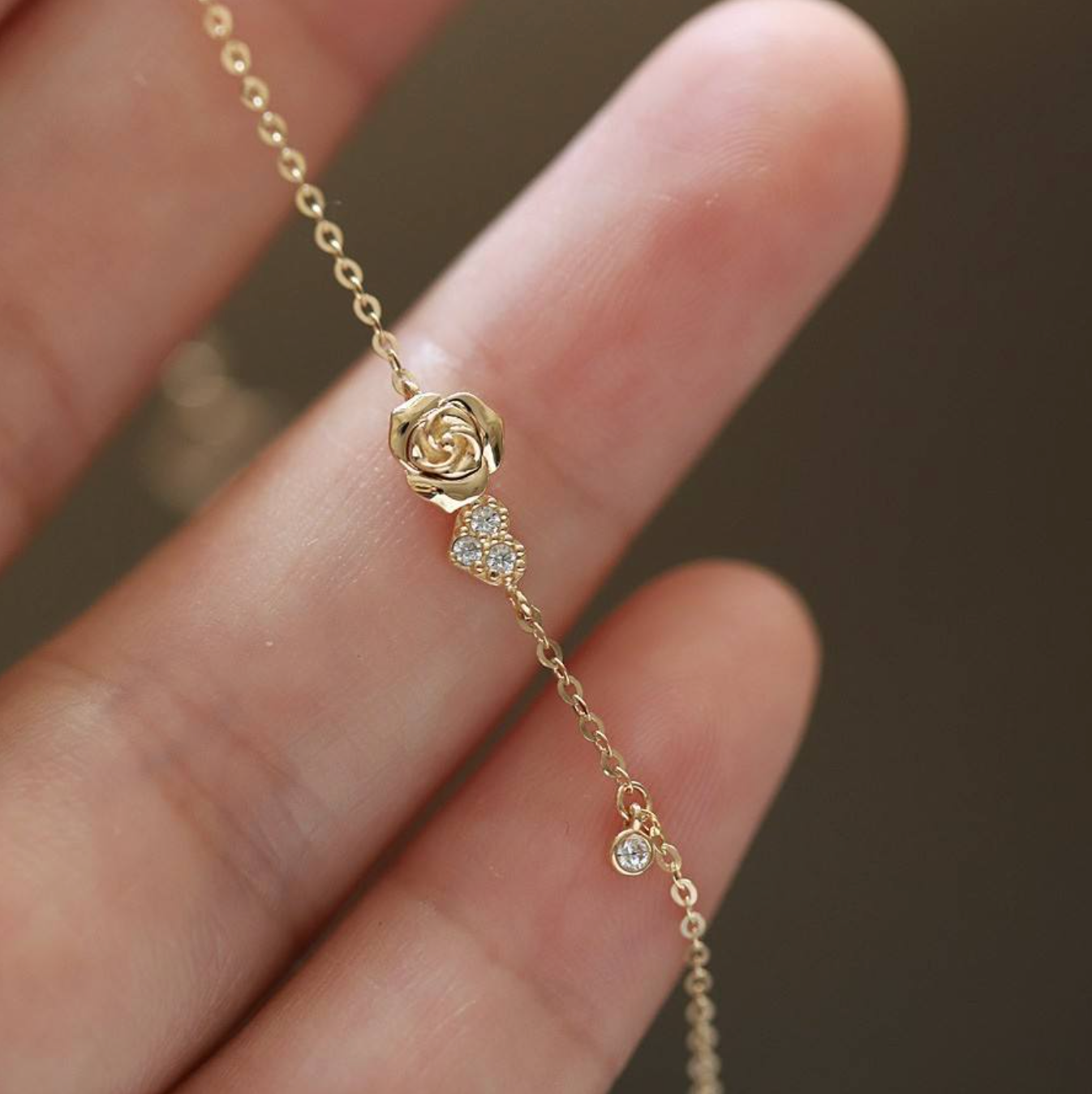 Romantic 18K Gold Plated S925 Sterling Silver Rose Zircon Heart Bracelet