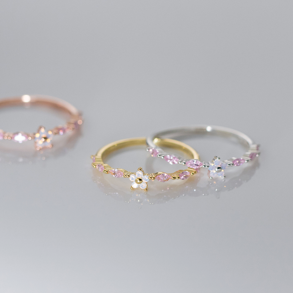 Romantic Pink Zircon 925 Sterling Silver Open Flower Ring