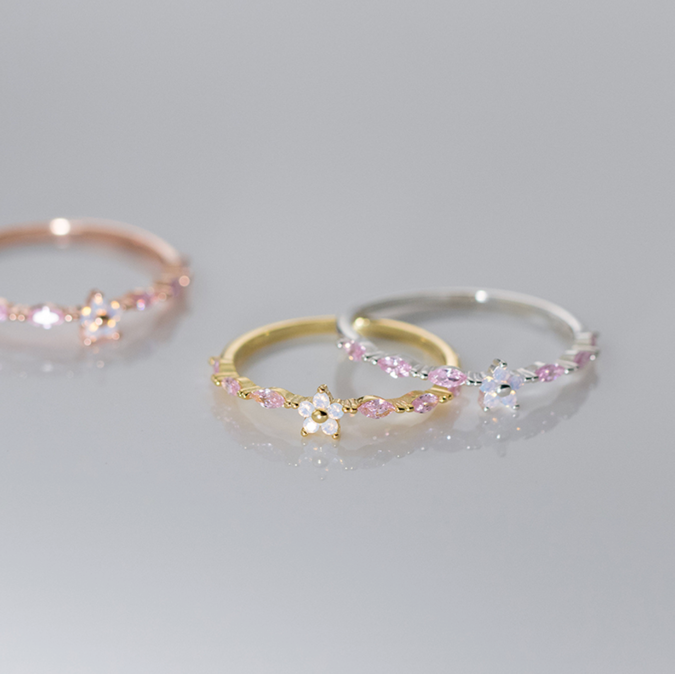 Romantic Pink Zircon 925 Sterling Silver Open Flower Ring