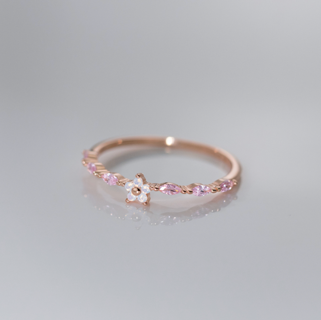Romantic Pink Zircon 925 Sterling Silver Open Flower Ring