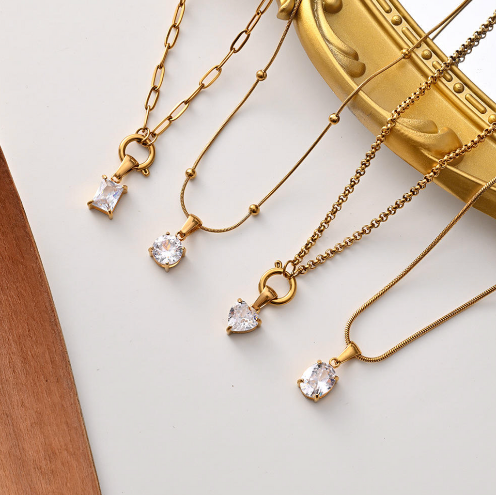 Haomi CE 18K Gold Plated Sparkling Heart Circle Rectangle Pendant Necklace