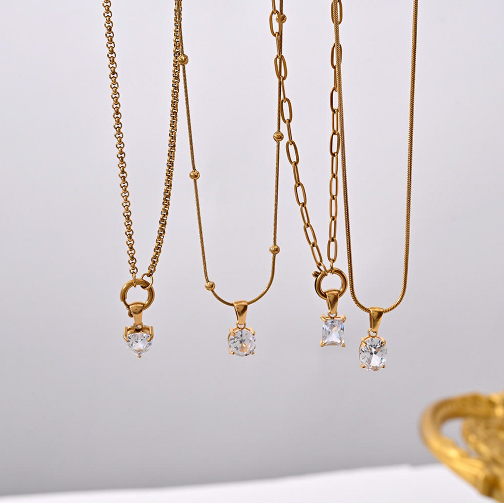 Haomi CE 18K Gold Plated Sparkling Heart Circle Rectangle Pendant Necklace