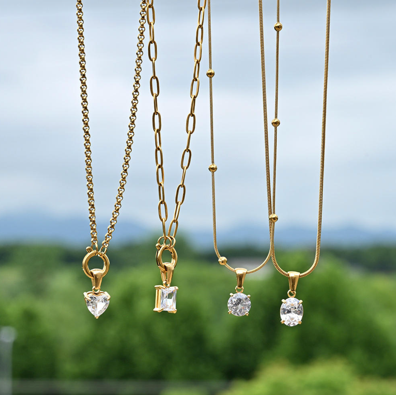 Haomi CE 18K Gold Plated Sparkling Heart Circle Rectangle Pendant Necklace